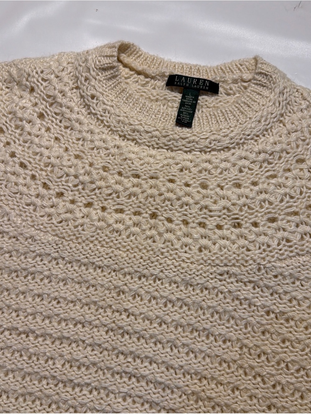 Lauren Ralph Lauren Beige Crochet Fair Isle Alpaca Wool Sheer Sweater Women Sz L - Picture 4 of 7